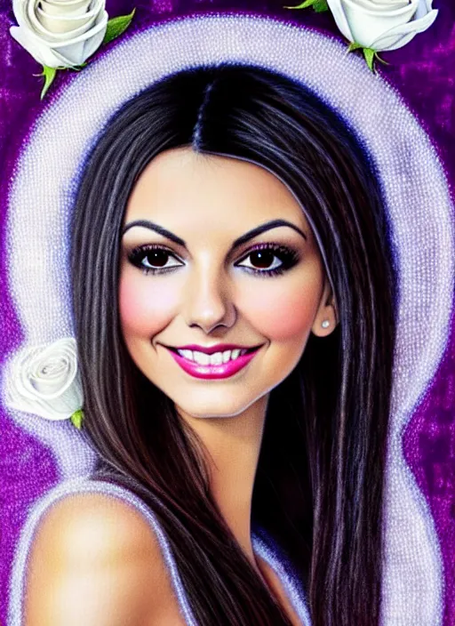 Prompt: a sewn thin thread image of Victoria Justice as the goddess of white roses on velvet. ultra detailed painting at 16K resolution and amazingly epic visuals. epically beautiful image. amazing effect, image looks gorgeously crisp as far as it's visual fidelity goes, absolutely outstanding. vivid clarity. ultra. iridescent. mind-breaking. mega-beautiful pencil shadowing. beautiful face. Ultra High Definition. godly shading. amazingly crisp sharpness. photorealistic film cel processed twice..