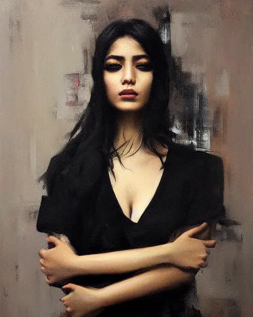 Image similar to beautiful portrait painting an gorgeous delhi girl wearing a little black dress, oil painting, art by ruan jia