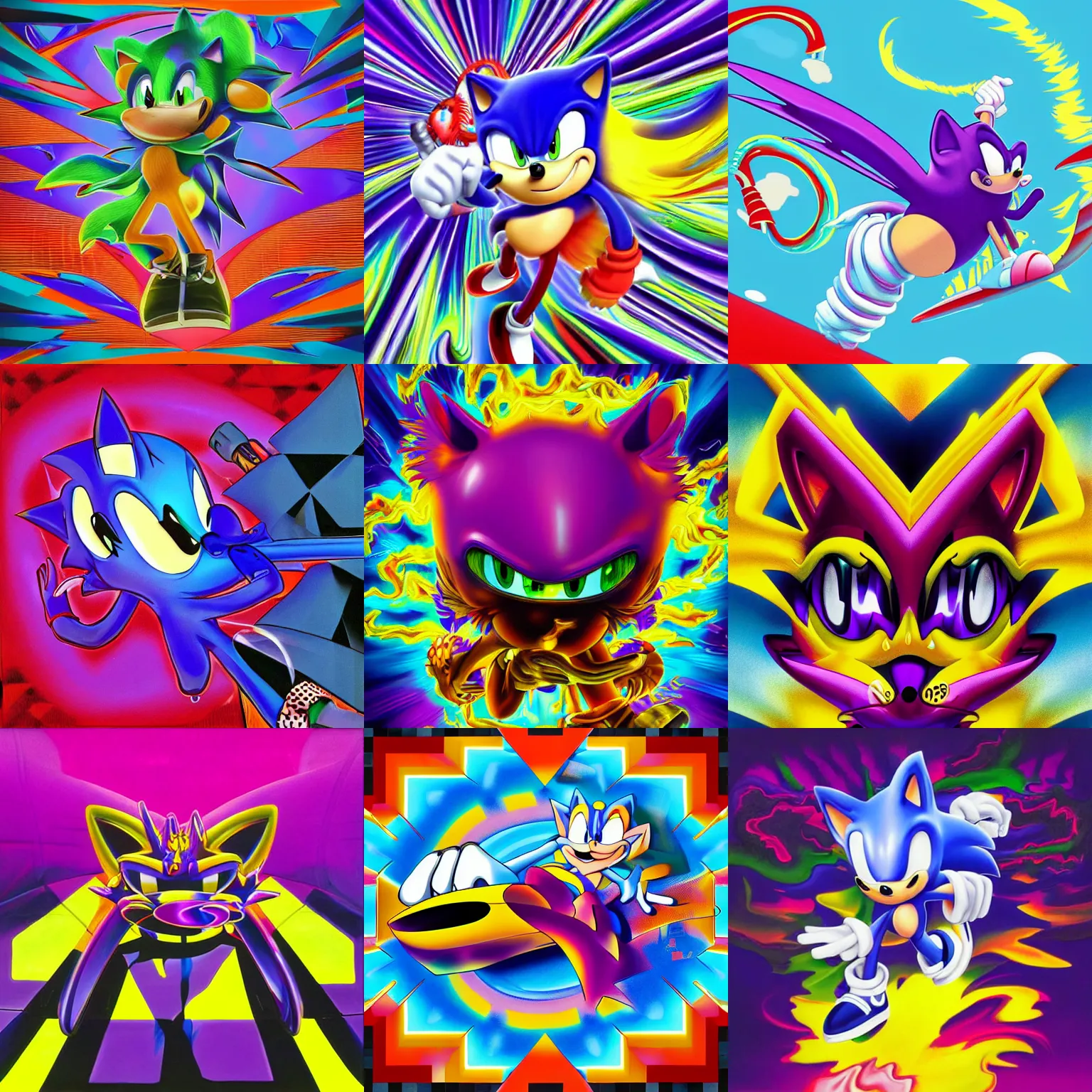 Image similar to surreal, sharp, detailed professional, high quality airbrush art MGMT album cover of a liquid dissolving LSD DMT sonic the hedgehog on a flat purple checkerboard plane, 1990s 1992 prerendered graphics raytraced phong shaded album cover