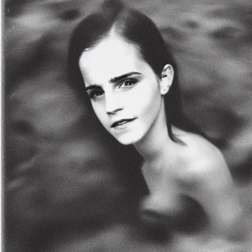 Image similar to night time, emma watson rising out of muddy vietnam river, face covered in mud, low camera angle at water level, night time, dark, polaroid, 2 0 0 mm zoom,