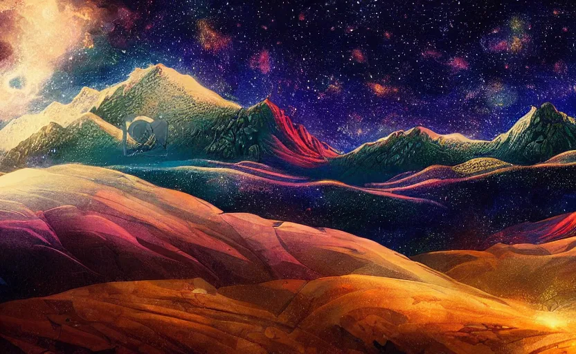 Prompt: mountains, stars and paisley filled sky, artstation, intricate, highly detailed, digital painting, concept art, sharp focus, illustration by Megan Duncanson and Yoshitaka Amano