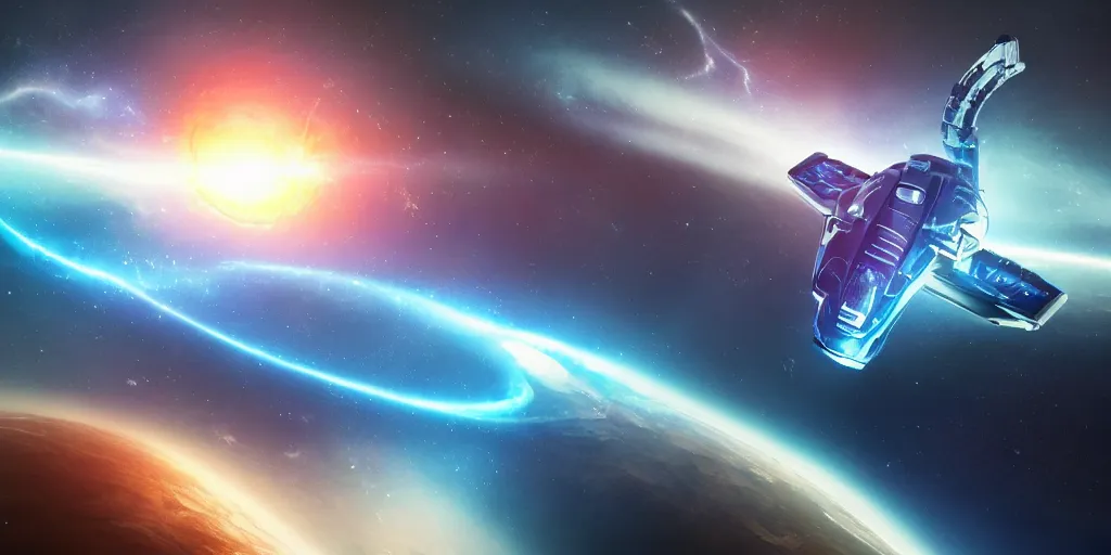 Prompt: A hi-tech chrome-plated curve-shaped long combat spaceship with blue laser weapons flying to the Earth through a blue space nebula, realistic 4k octane beautifully detailed render, 4k post-processing, highly detailed, intricate complexity, epic composition, magical atmosphere, cinematic lighting, masterpiece, ultra hd