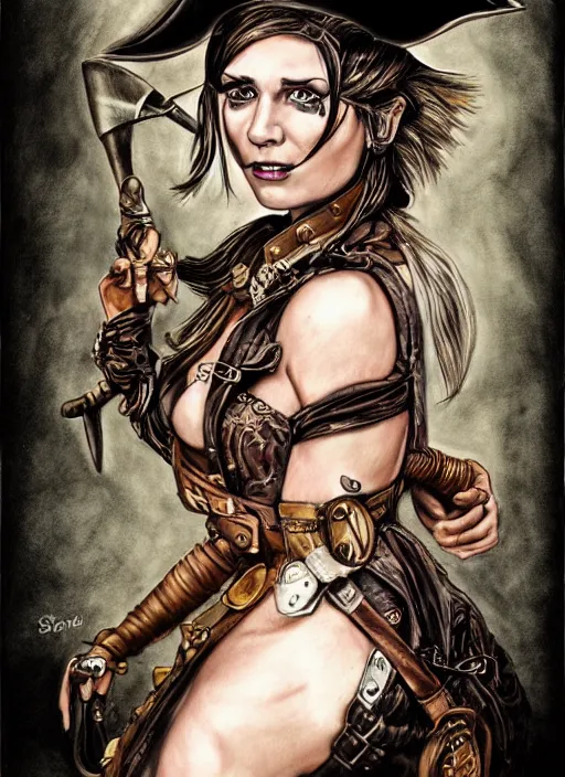 Prompt: a drawing of a woman wearing a pirate costume, a character portrait by Steve Argyle, featured on deviantart, modern european ink painting, steampunk, detailed painting, airbrush art