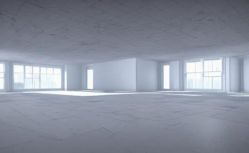 Image similar to empty room, big open floor, large colourful 3 d shapes, unreal engine and v - ray render.