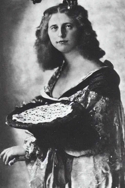 Image similar to historical photo of queen margherita ( savoy ) eating!!! a pizza! margherita, full body, portrait photo, diffuse light, acclaimed masterpiece