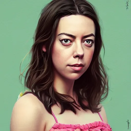 Image similar to a beautiful scenic painting of a beautiful young woman that looks like aubrey plaza by artgerm and wlop and wes anderson and spike jonze