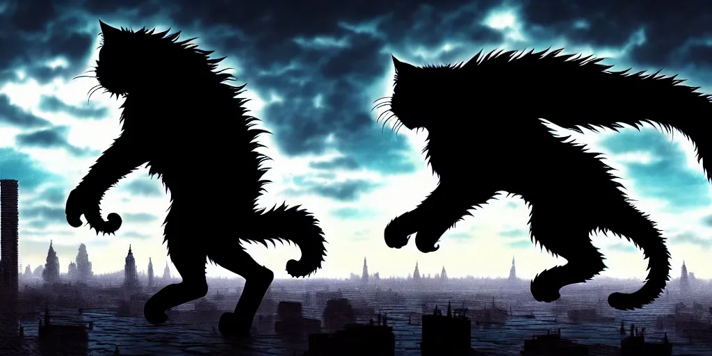 Prompt: Huge cat monster silhouette above a city, in the style of Kentaro Miura, Berserk, landscape, hyperdetailed, ultra quality, 4k, ultra details