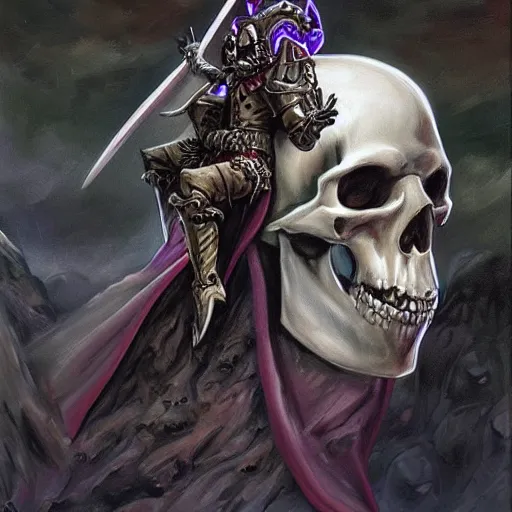Prompt: dungeons and dragons necromancer stepping on a skull, face like matt berry, painting, horror, gothic, art by wayne reynolds