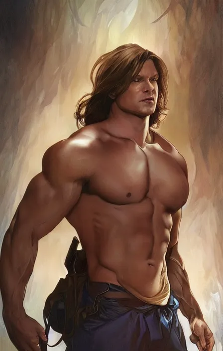 Prompt: pretty muscular sam winchester as a character in romance book art design, character concept, sharp focus!, ultra detailed, art by artgerm alphonse mucha, wlop