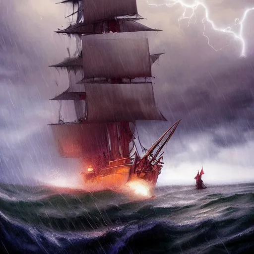 Image similar to a pirate with two peglegs and two hook hands steering a wooden galleon through a rain and lightning storm. view from on deck, sails and masts and rigging, first person deckhand pov, detailed dynamic light painting by peter mohrbacher