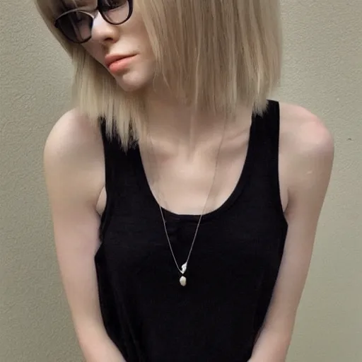 Prompt: a woman. medium length dyed blonde hair. straight hair. perfectly slender. pale skin. very beautiful. very cute. very attractive . black framed glasses. wearing a black tank top. casual work-out shorts. beautiful slender thighs. standing with her hands on her hips. stoner girl. casual style. black eyebrows. pretty dark-blue eyes. looking inquisitively at you. looking up at you. phantom energy enveloping. crazy color pen illustration series 674875