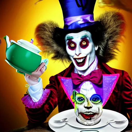 Prompt: johnny dep as the mad hatter having tea with the white rabbit in wonderland, strange surreal party, 8k resolution photo realistic, digital art, vivid