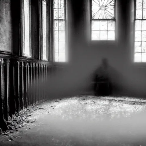 Image similar to a grainy photo of a shadowy figure in a birdcage in an old abandoned hall, black and white, motion blur, long exposure