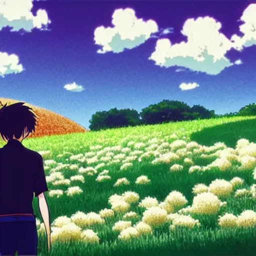 Image similar to man stands on a meadow made of popcorn, landscape, studio ghibli, anime