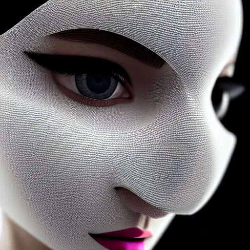 Image similar to ultra detailed woman wearing a white mask with black wires on her head, featured on behance, net art, made of wire, 5 0 mm lens, elegant, hyper realistic, ultra detailed, octane render, volumetric lighting, 8 k post - production