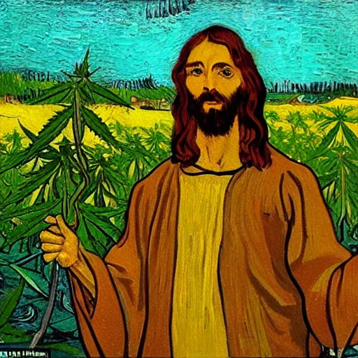 Image similar to jesus with jimm kerry spreads his hands against the background of growing cannabis. an oil painting in the style of van gogh