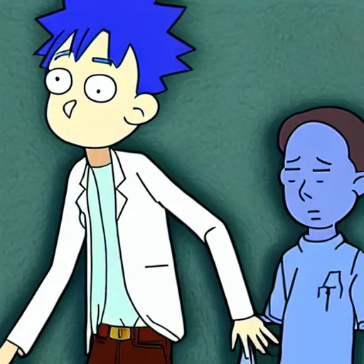 Image similar to Shinji Ikari meets rick and morty in new series crossover, digital art, in the style of Rick and Morty