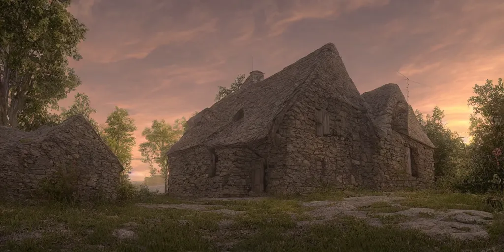 Image similar to a small medieval house near a river in the middle of two mountains at sunrise, concept art, hyperrealistic, trending on artstation, high quality, highly detailed, breathtaking landscape, path traced, clouds, soft lighting, soft colors, digital art, serene landscape, 8 k hdr, octane render, unreal engine 5