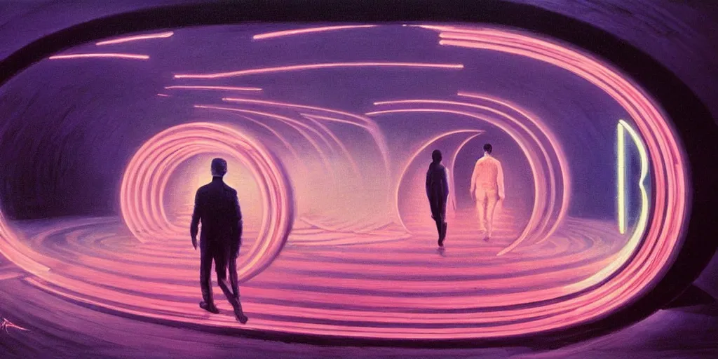 Image similar to a beautiful painting of a person walking out of a stargate by syd mead 8 k particulate neon light film grain