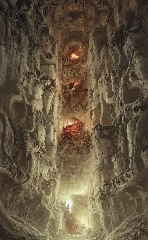 Prompt: catacombs full of rodent creatures, front game card, drark, marvel comics, dark, intricate, highly detailed, smooth, artstation, digital illustration by ruan jia and mandy jurgens and artgerm and wayne barlowe and greg rutkowski and zdislav beksinski