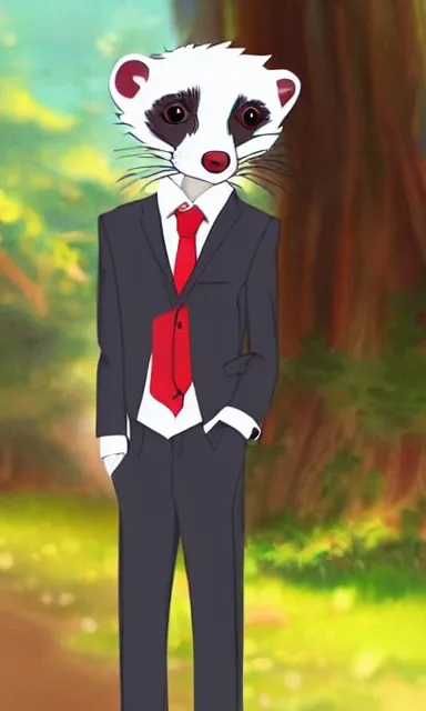 Image similar to furry ferret, anime style, formal suit, full body, disney style