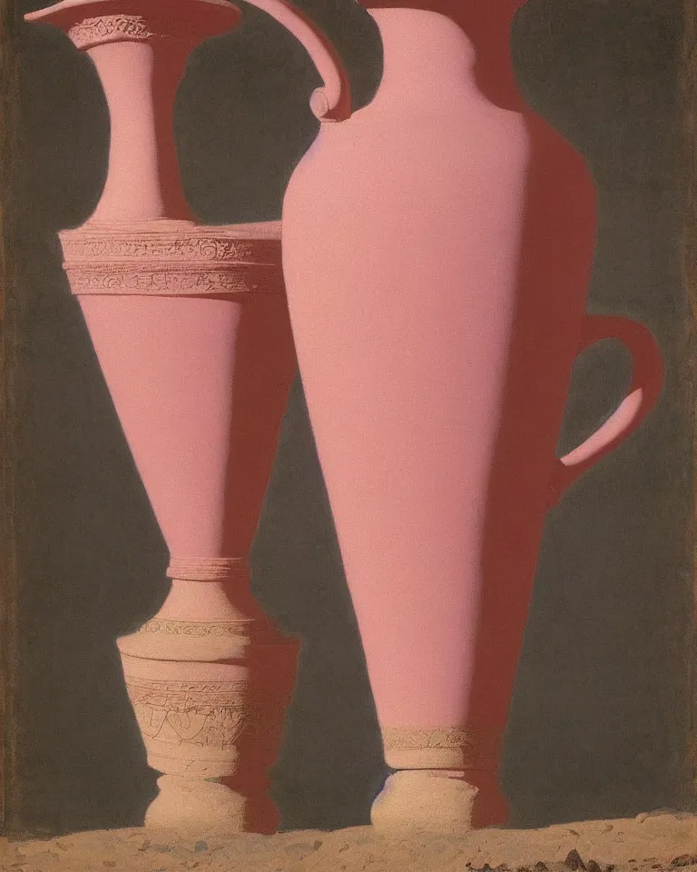 Image similar to achingly beautiful print of intricately painted ancient greek amphora on a pink pastel background by rene magritte, monet, and turner.