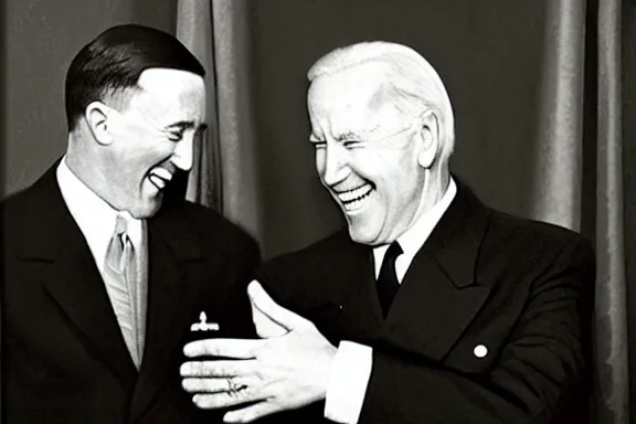 Image similar to “ very very intricate photorealistic photo of hitler and joe biden laughing together, detailed natural lighting, award - winning crisp details ”