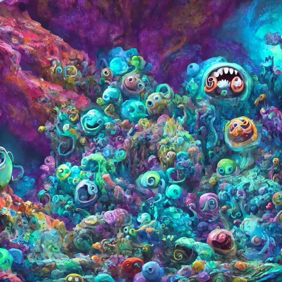 Image similar to of a colorful deep sea cave with strange cute friendly happy creatures with huge eyes, mouth, long tongue and round teeth appearing from sandy coral, in the style of gehry and gaudi, macro lens, shallow depth of field, ultra detailed, digital painting, trending artstation, concept art, illustration, cinematic lighting, photorealism, epic, octane render