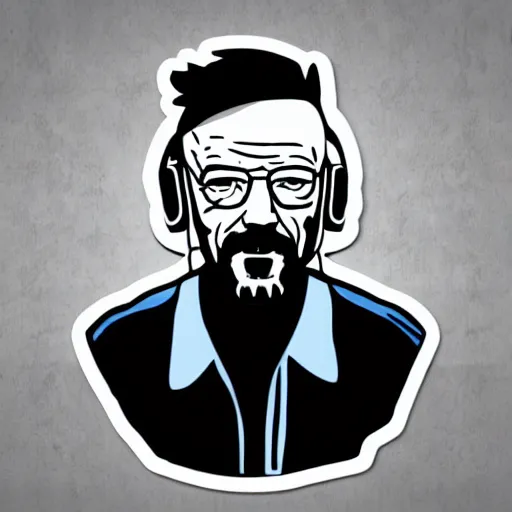 Prompt: a breaking-bad-walter-white, svg sticker, vector art, wearing headphones, jamming to music