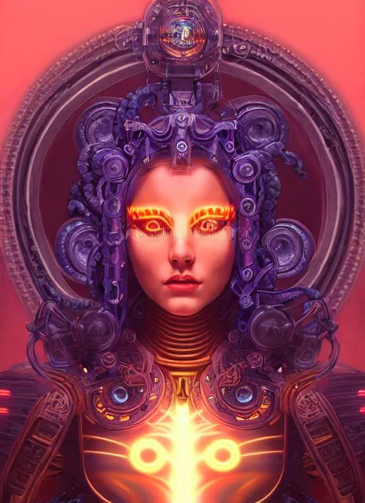 Image similar to ultradetailed ornate sci-fi RPG illustration of a beautiful symmetric Medusa radiating a glowing aura wearing a cyberpunk armor with much decorum, digital airbrush painting, 3d rim light, hyperrealistic masterpiece, artstation, cgsociety, kodakchrome, golden ratio