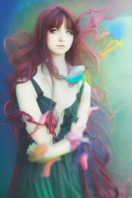 Image similar to pre-raphaelite cute anime girl with dark rainbow, blurred detail, photo by Annie Leibovitz, Anton Fadeev