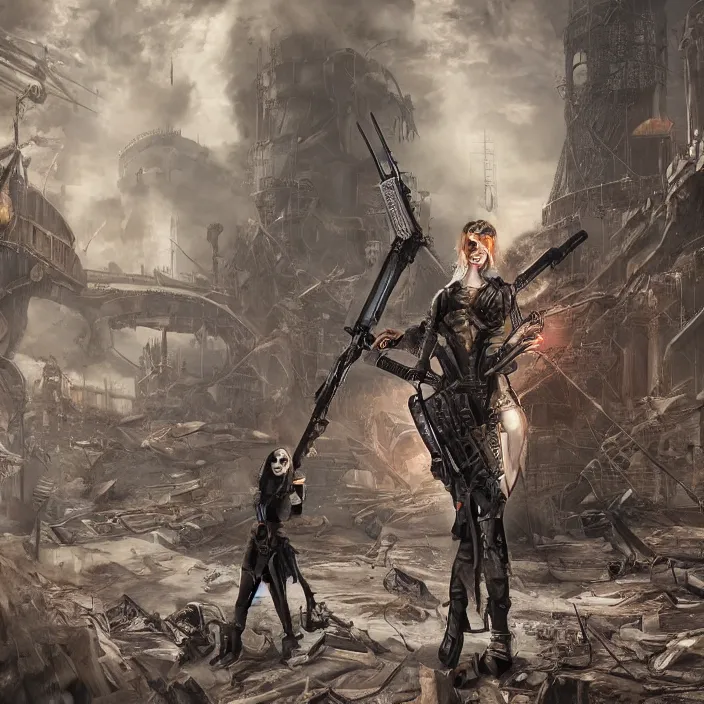 Image similar to apocalyptic woman in hood standing in hall of machinery and weaponry, hyper - detailed, smooth, sharp focus, 4 k ultra hd, fantasy dark art