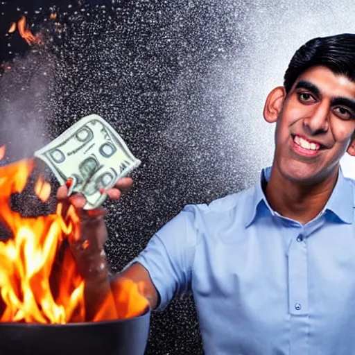 Image similar to photo of rishi sunak throwing money into a fire in a cold house