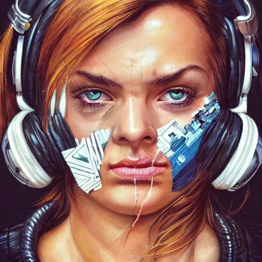 Prompt: a portrait of beautiful, mischievous, young woman by sandra chevrier, detailed render, tape deck, boombox, headphones, epic composition, cybernetics, 4 k realistic, cryengine, realistic shaded lighting, sharp focus, masterpiece, by matteo scalera, gary montalbano, peter elson in the style of the tokyo ghost comic