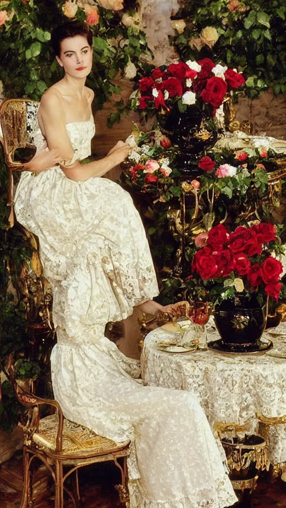 Prompt: beautiful young carole bouquet in detailed golden sleeve balloon lace dress beside a pot of red roses set near a persian pot by john singer sargent