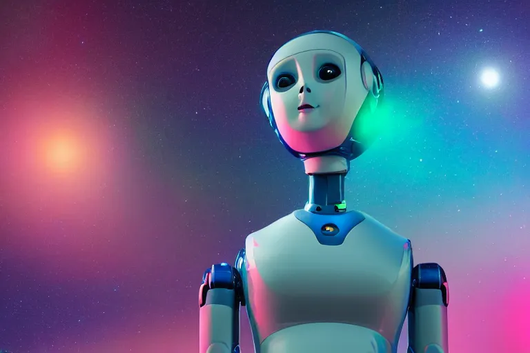 Image similar to a beautiful calm robot girl looking up to the stars, photograph, colorful background, render, 3 d, render, glows, neon, 8 k, 4 d,