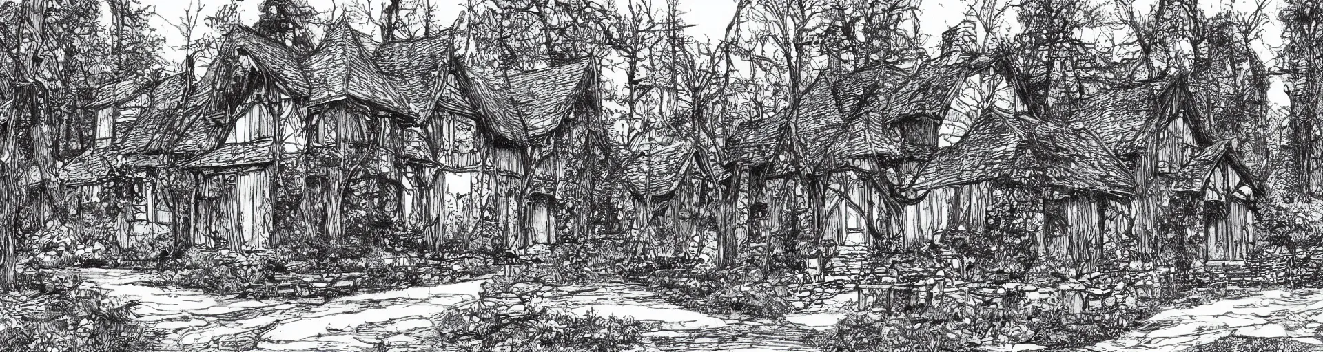 Image similar to a beautiful Tudor style house in the woods, a pen and ink drawing by Franklin Booth, fineliner drawing