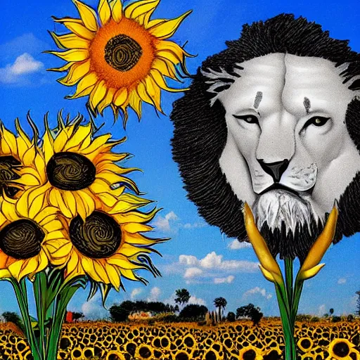 Image similar to lions and sunflowers 🌻🌫 in the style of salvador dali