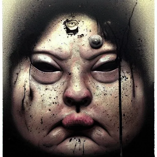 Image similar to portrait of the face of big fat old sumoringer as despair from sandman, venus of willendorf, by jeremy mann, by gregory crewdson, by bastien lecouffe deharme, by russ mills, sad face, topknot!!!, black hair, mourning, black eyes, white room, soft lightning, high detailed, 8 k