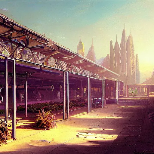 Prompt: painting of syd mead artlilery scifi organic shaped bus park with ornate metal work lands on a farm, fossil ornaments, volumetric lights, purple sun, andreas achenbach