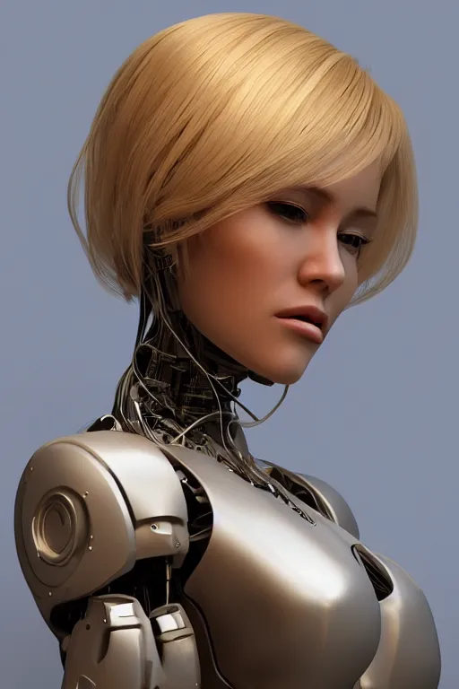 Image similar to a beautiful woman with blonde hair wearing robot suit with wires and light, highly detailed, photorealistic, artstation, smooth