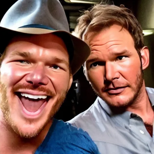 Image similar to chris pratt as indiana jones taking a selfie with harrison ford, instagram, cinematic, natural lighting, genuine smile