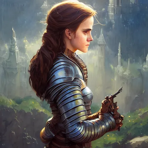 Image similar to highly detailed painting of emma watson wearing a knight armor, stephen bliss, 8 k, by greg rutkowski, loish, rhads, artgerm, ferdinand knab, makoto shinkai and lois van baarle, ilya kuvshinov, rossdraws, global illumination, radiant light, detailed and intricate environment