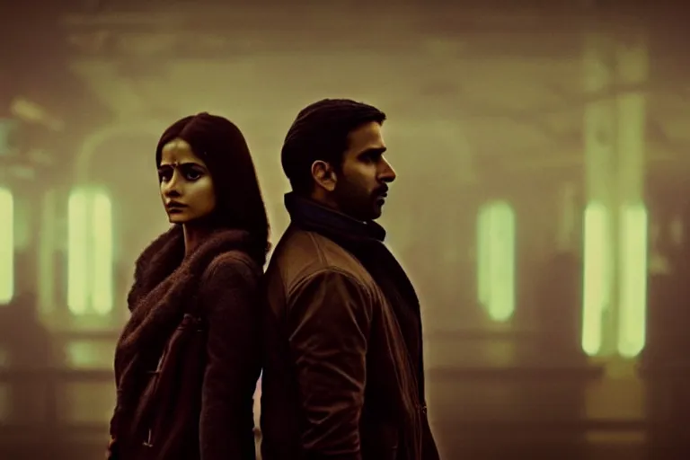 Image similar to film still of closeup beautiful model indian couple in blade runner 2 0 4 9, train station, cinematic, moody, gritty neon noir by emmanuel lubezki