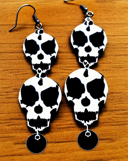 Prompt: spooky cartoon skull, 2 d lasercut earrings, in the style of tim burton