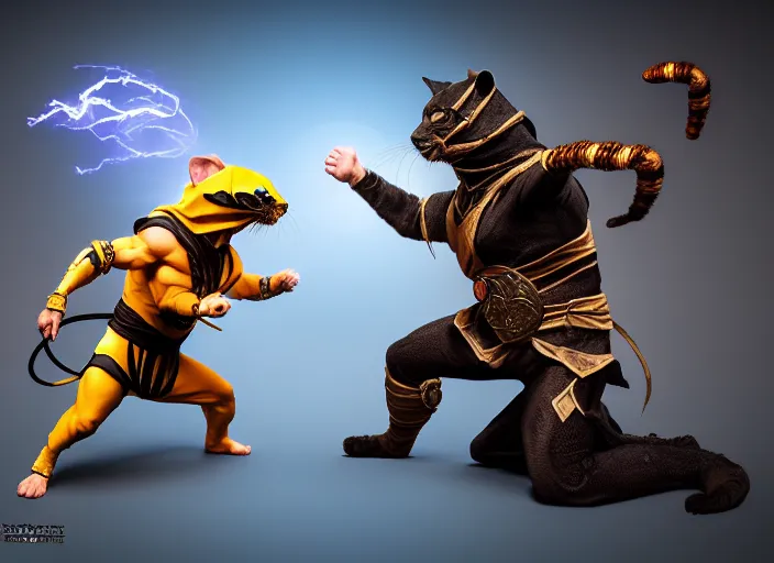 Image similar to hamster dressed as sub zero fights a cat dressed as scorpion in mortal kombat on the background of a laughing shao khan. fantasy magic style. highly detailed 8 k. intricate. lifelike. soft light. sony a 7 r iv 5 5 mm. unreal engine with nanite and path tracing