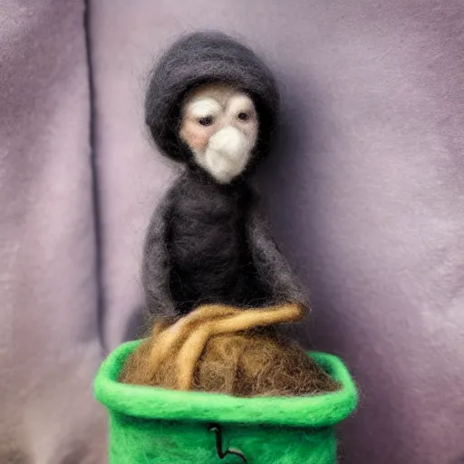 Image similar to photo of a life sized needle - felted 2 0 0 year old wrinkly crone covered in warts sitting behind a needle felted dumpster in a needle felted alley way with low soft light