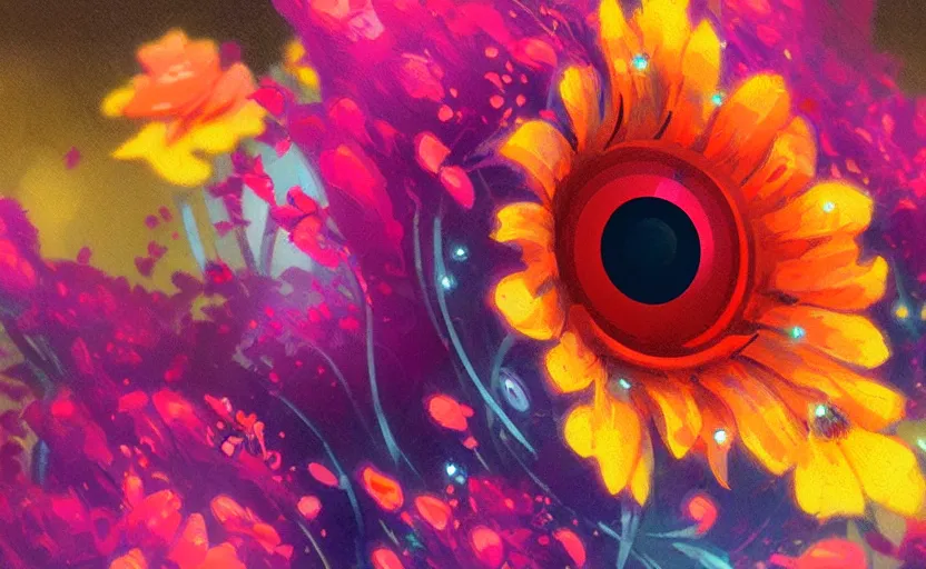 Image similar to close up of a beautiful flower with robot eyes in the middle maximalist bold colors by Greg rutkowski