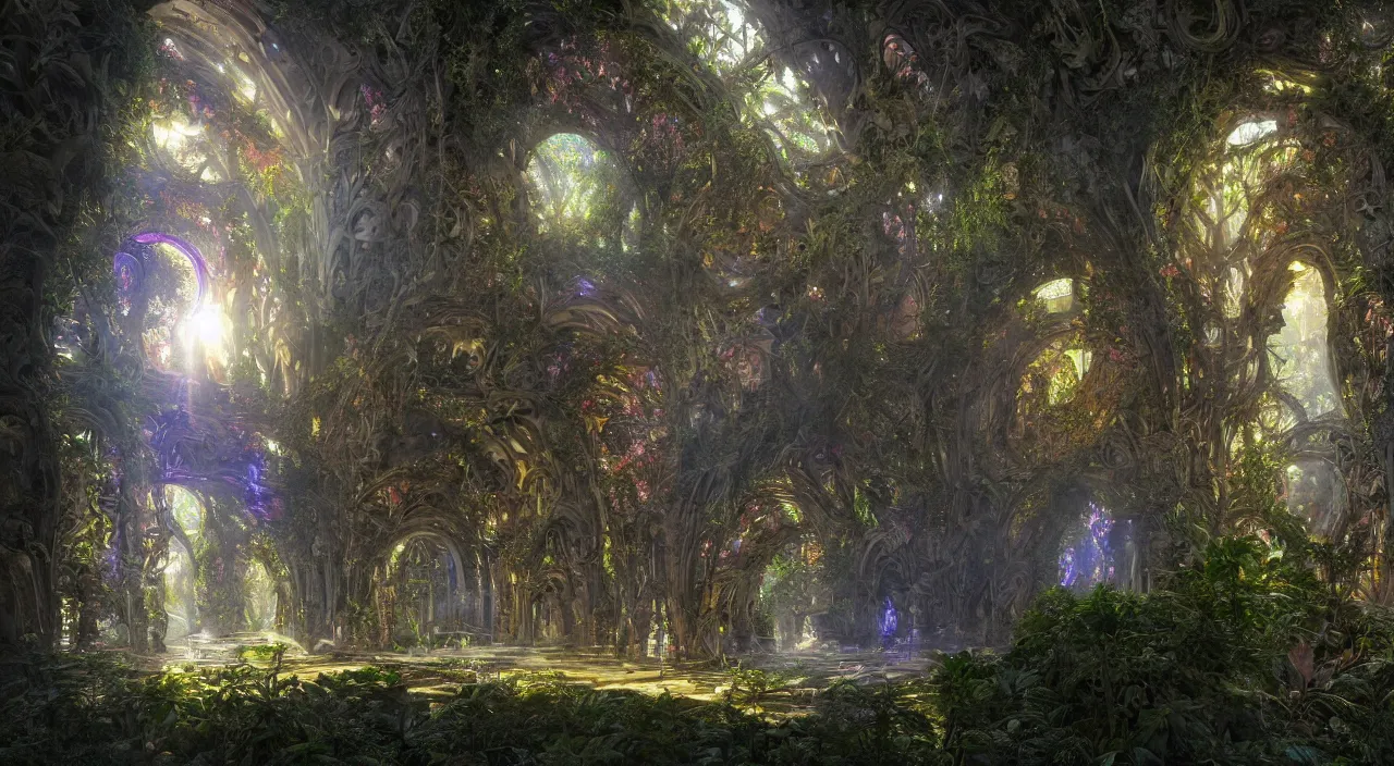 Image similar to ancient structure, large illuminated gateway, fractal structure, cellular biology, thick forest, many flowers by glenn small, by ernst haeckel, by albert bierstadt, photorealistic, zaha hadid, god rays, volumetric lighting, detailed, intricate, delicate, raytrace, octane, light fog, neon, bladerunner