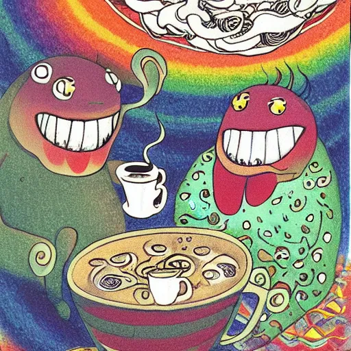 Prompt: highly detailed illustration of friendly monsters laughing and dancing around beautiful warm cups of coffee, amongst coffee beans and flowers, and rainbows in the style of Japanese illustration, Maurice Sendak, Tove Jansson